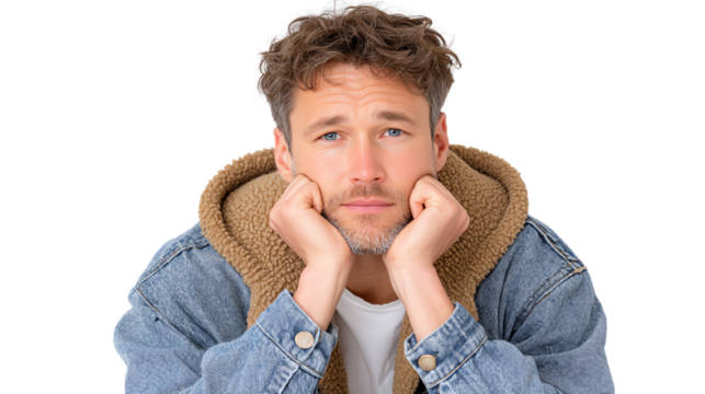 Thoughtful young man in casual attire, resting chin on hands with a contemplative expression.