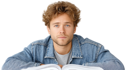 Young man with curly hair in denim jacket, looking thoughtfully at a book with a neutral background.