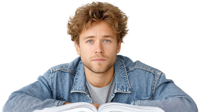 Young man with curly hair in denim jacket, looking thoughtfully at a book with a neutral background.