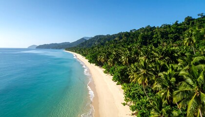 Untouched tropical paradise with turquoise waters and lush palm tree forest offering serene