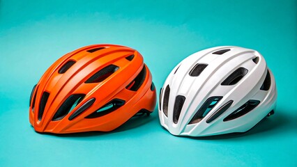 Fototapeta premium Orange and white bicycle helmets on blue background for safety concept