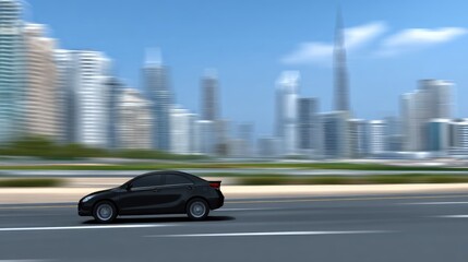 Fototapeta premium Black car driving on a road in a city with modern architecture and motion blur during a sunny day