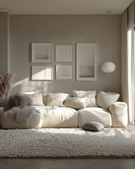 Modern Minimalist Living Room with Cozy Sofa and Neutral Color Palette Bathed in Sunlight