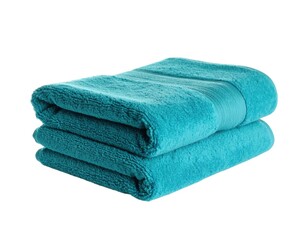 Stack of teal bath towels isolated on white background