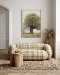 Cozy Living Room with Textured Sofa and Tree Artwork on Wall in a Neutral Toned Setting