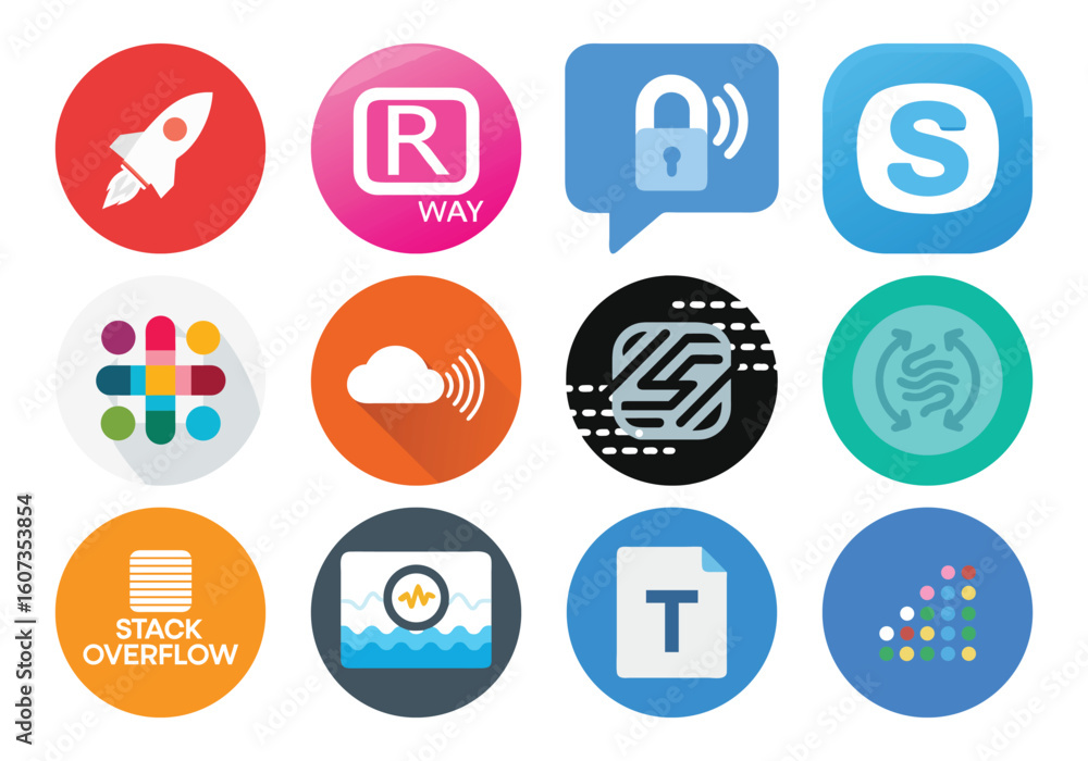 Poster vector art of a dynamic assortment of tech and app icons, including a rocket, lock, cloud, and stack