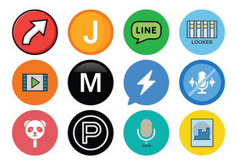 Vector art of a vibrant grid of application icons showcasing communication, entertainment, and productivity tools like line and looker
