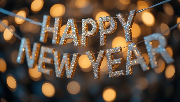  a sparkling "Happy New Year" banner, made of glittery gold and silver letters, gently strung across a blurred background of festive, warm lights. The focus is on the texture and shimmer of the letter