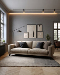 Modern Living Room Interior with Stylish Sofa and Geometric Artwork in Calm Color Palette