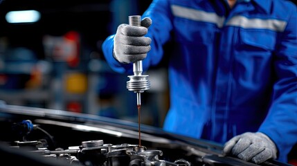 Mechanic in blue uniform checks oil level of car engine in outdoor workshop setting with tools in hands