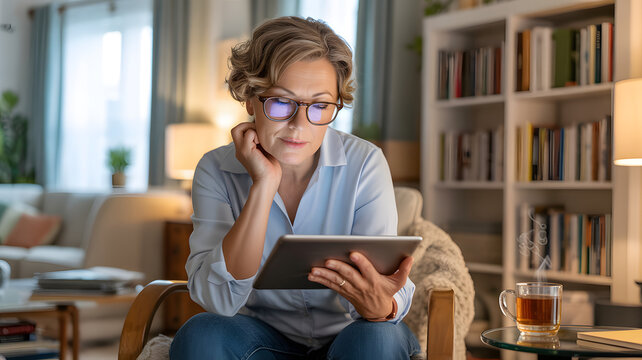 Mature Woman Using Tablet for Digital Engagement - Powered by Adobe