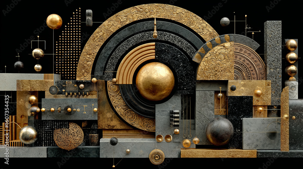 Poster abstract financial plan formed with golden elements and dark textured shapes creating luxurious and 