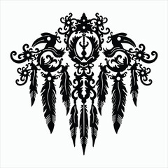 Ornamental raven and feather silhouette design.