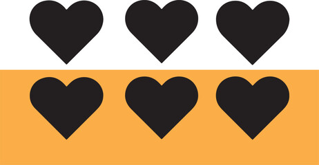 Six black hearts on white and orange background love