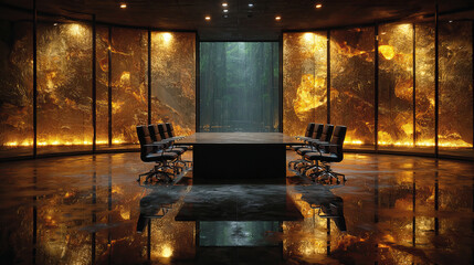 Modern boardroom with golden illuminated walls and black chairs around sleek table, reflecting calm and luxurious atmosphere