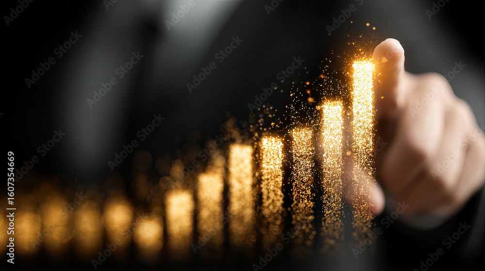 Poster golden glowing bar chart with hand pointing at highest bar symbolizing success and business growth c