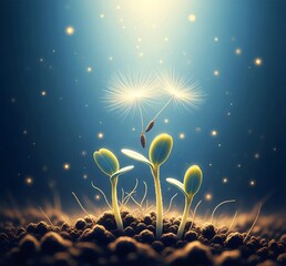 Obraz premium Seedlings growing in fertile soil with dandelion seeds floating above at night