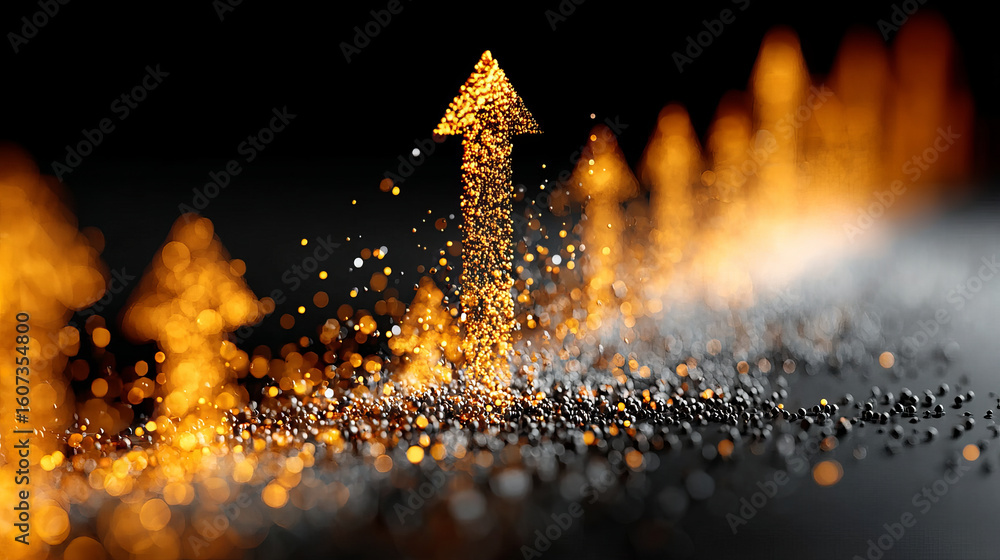 Poster glowing golden arrow pointing up with sparkling particles symbolizing growth and success in dark bac