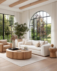 Modern Living Room with Natural Light and Elegant Furniture Overlooking Lush Outdoor Garden