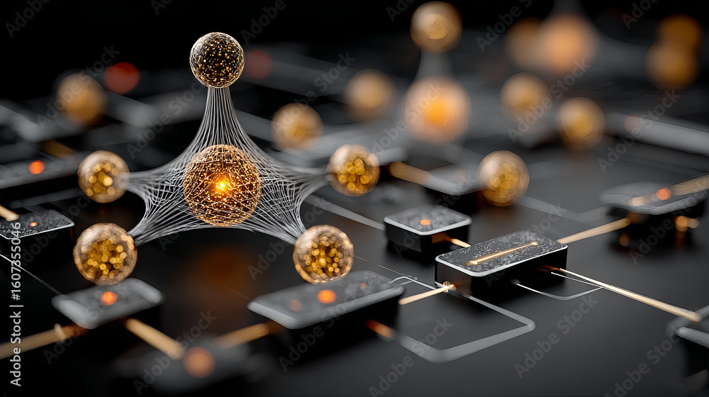Poster neural network concept with glowing golden nodes connected by fine lines on dark circuit board backg