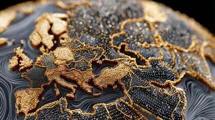 Golden network of planners connected digitally detailed globe map showing Europe and surrounding regions with dark background