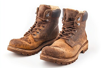 Two dirty, brown leather work boots