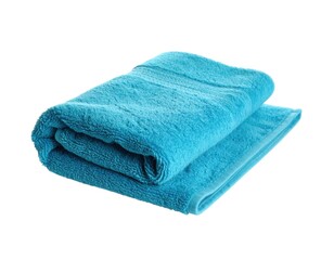 Soft teal bath towel folded isolated on white background