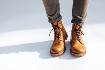 Tan leather boots on legs, cropped view