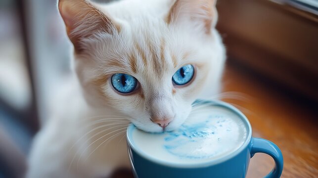 White cat with blue eyes drinks a blue latte