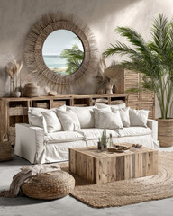 Stylish Living Room Interior Featuring Natural Elements and Comfortable Furniture Design in Serene Space