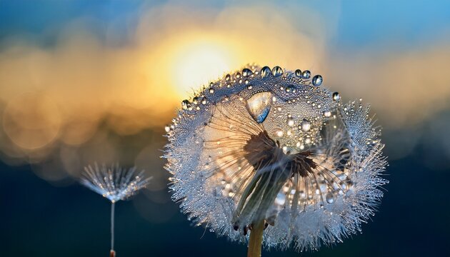dew drops on dandelion seeds serene macro photography in early morning