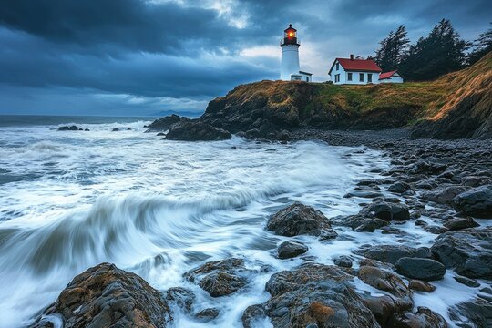 Dramatic coastal scene with lighthouse