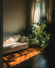 Cozy Living Room Bathed in Warm Sunlight with Indoor Plants and Elegant Sofa