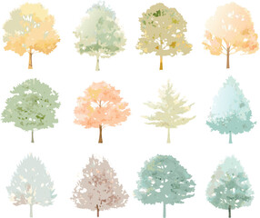 Watercolor illustrations of thirty diverse trees in pastel colors, including deciduous and coniferous species, on a white background

