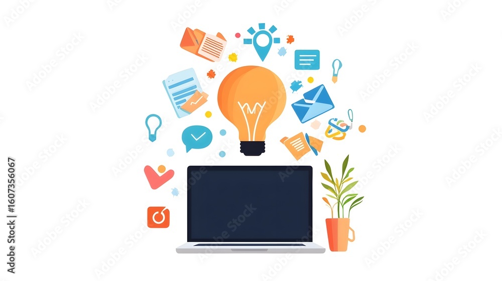 Poster laptop with coding symbols and creative ideas