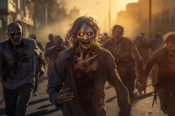 Zombies walk on the street. Horror movie. Halloween. Horror scene with zombies . Scary zombies in the halloween night. Horror film. Zombie. Zombies. Halloween. Halloween Concept with Copy Space.