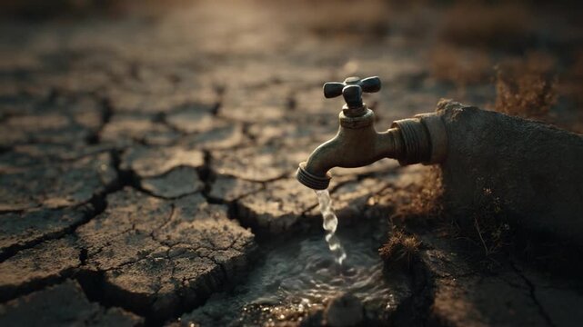 Dripping Tap in Arid Landscape: A solitary tap, perched in a cracked, parched land, symbolizes water scarcity in a world grappling with environmental challenges.