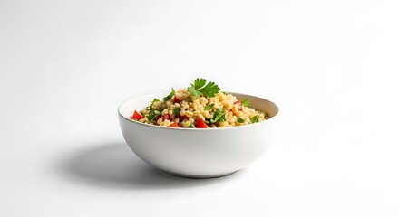 Bowl of healthy grains and vegetables with green garnish