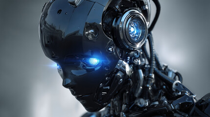 A robot with blue eyes and a black head