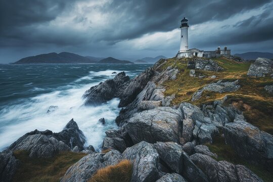 Stormy seas crash against a rocky coastline, a lighthouse stands watch on a hilltop