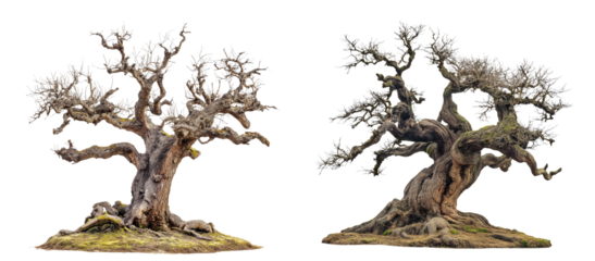 Beautiful large old apple tree with no leaves isolated on white or transparent background