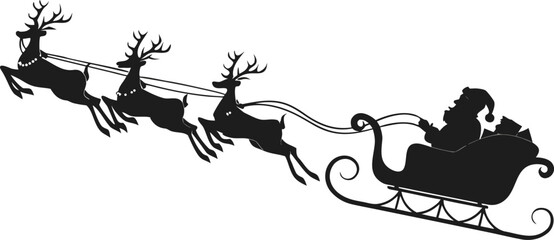 Santa Claus Flying in Sleigh with Reindeer Silhouette, Santa in reindeer sled vector silhouette on transparent background	