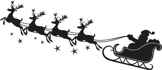 Santa Claus flying in a sleigh with a team of reindeer. Christmas holiday silhouette with stars. Vector graphic icon for festive designs, isolated on white background.