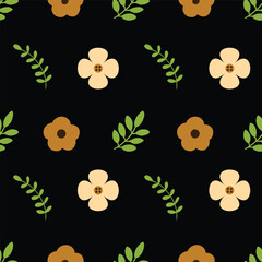 Seamless floral pattern with leaves on black.