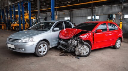 Damage assessment of silver and red cars following a forward collision at a workshop during daylight with visible bodywork issues