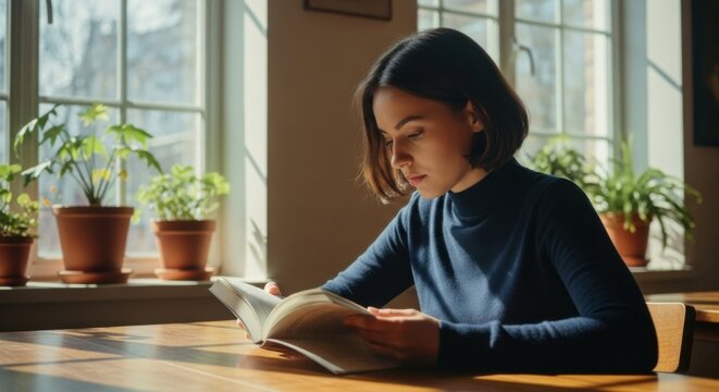 Young woman engrossed in reading a book by the window on a sunny day - Powered by Adobe