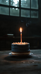 Single birthday cake with one burning candle in the center of a dark room