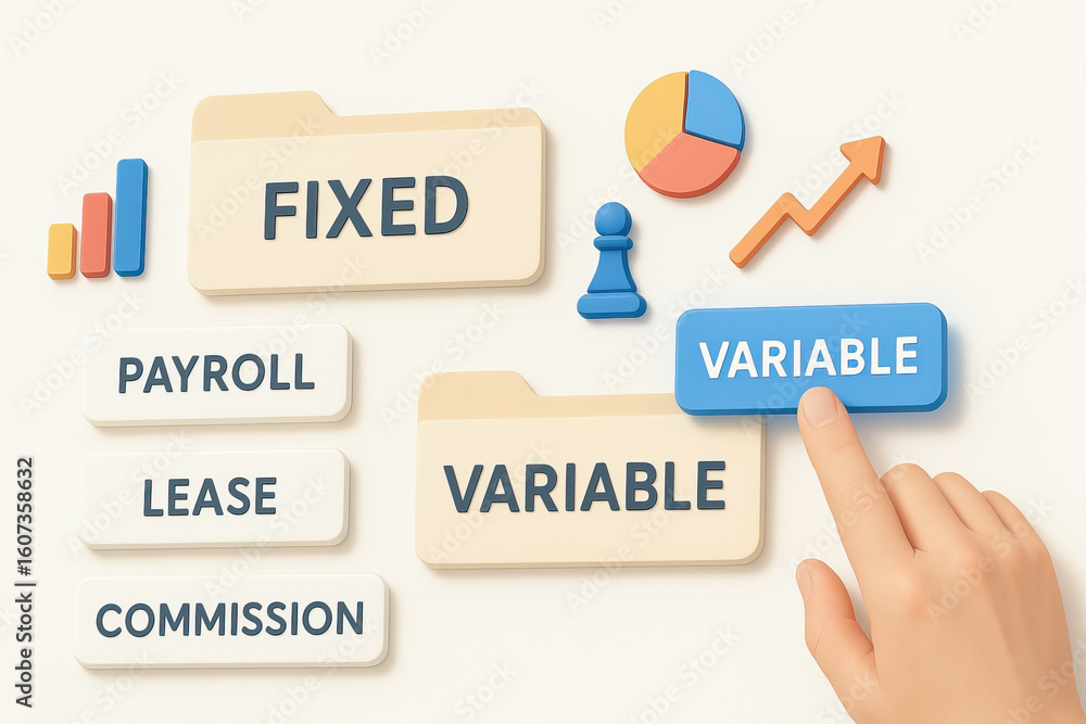 Poster fixed cost folder, variable cost folder, payroll, lease, commission labels with business chart and h