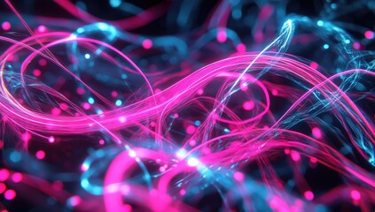 Abstract swirling neon lines and dots against a dark background.  Vibrant pink and turquoise colors create a dynamic, energetic visual