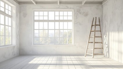 Obraz premium Empty, sun-drenched room with large window and wooden ladder